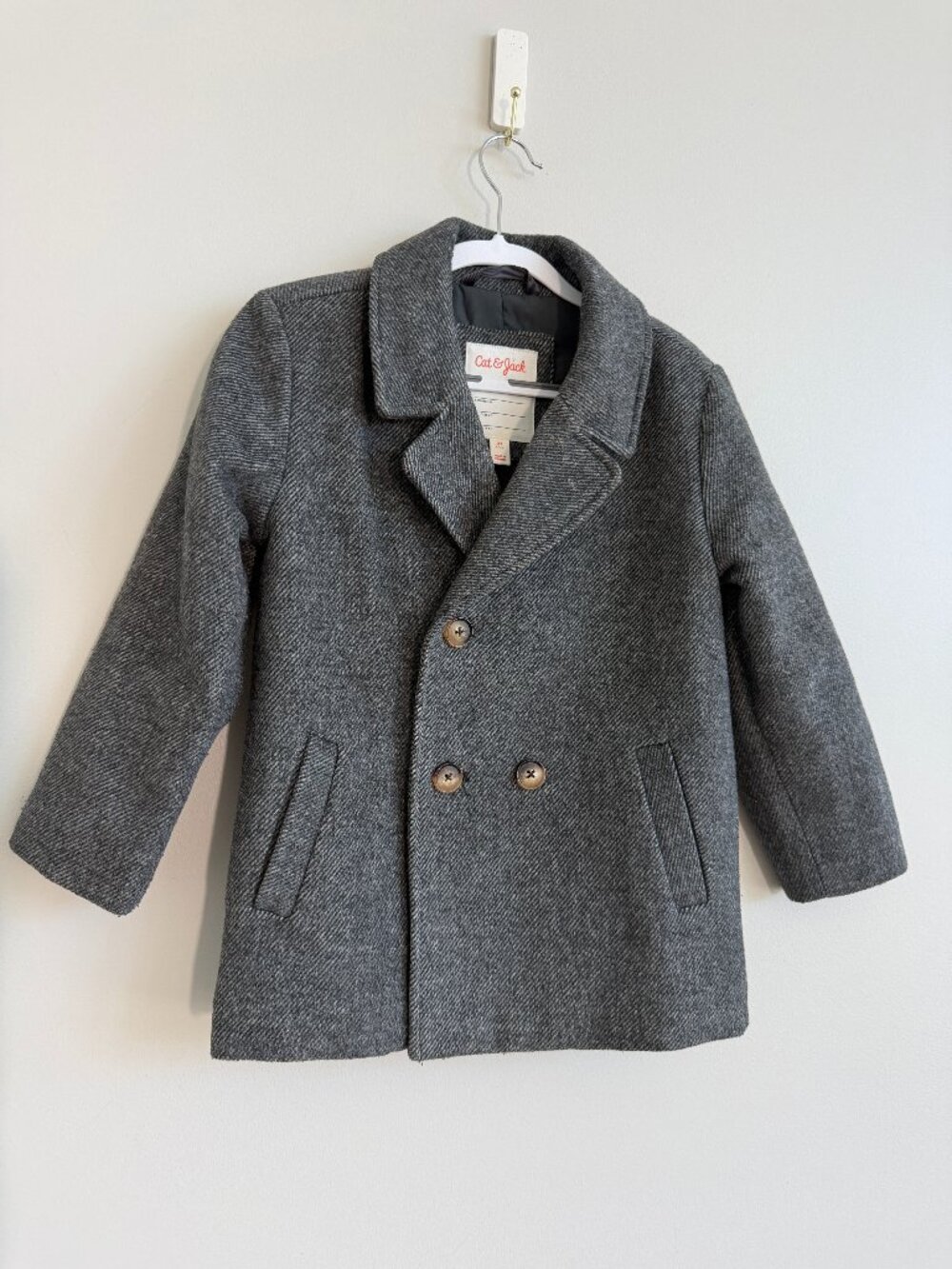 Cat & Jack Boys Gray Double Breasted Peacoat Wool Blend XS